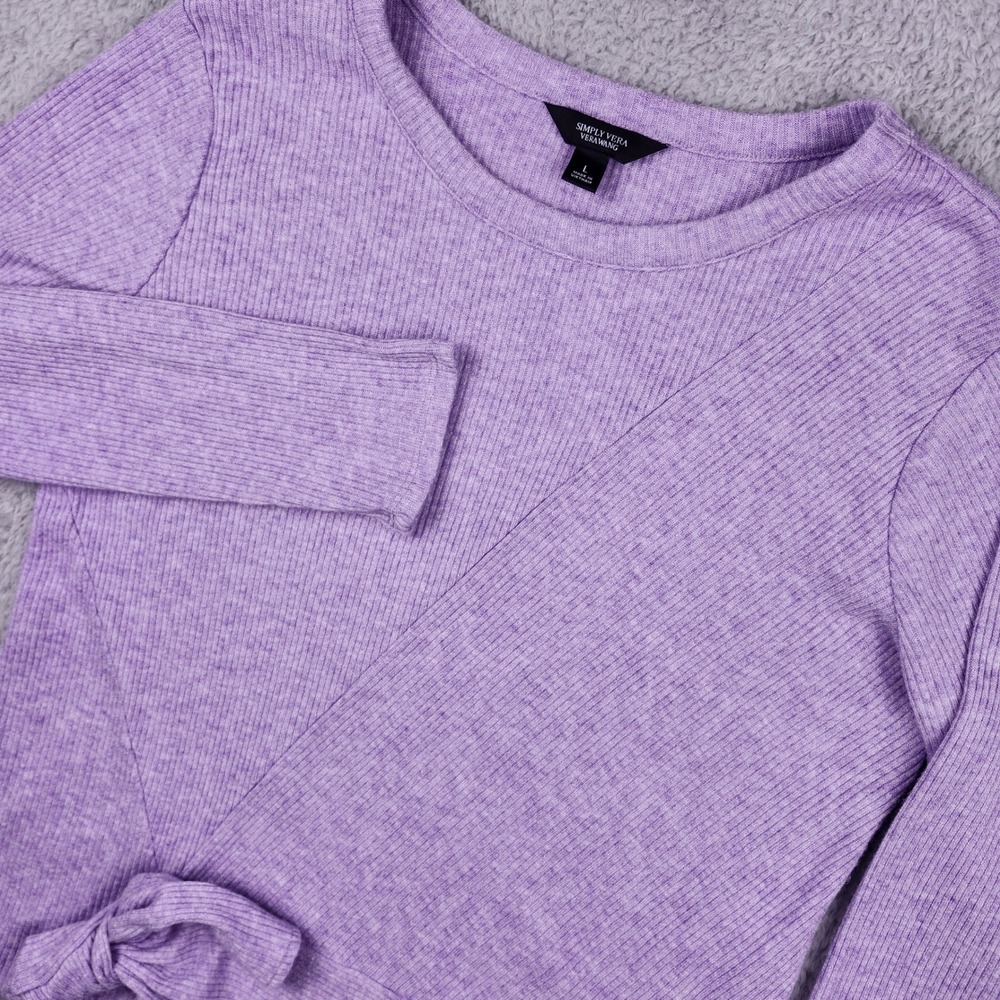 Simply Vera Vera Wang Top Womens L Purple Ribbed Knit Side Tie Long Sleeve